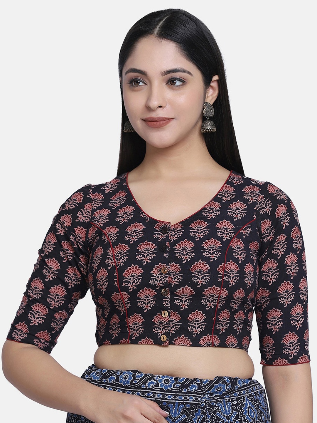 

THE WEAVE TRAVELLER Women Black & Beige Hand Block Printed Cotton Saree Blouse