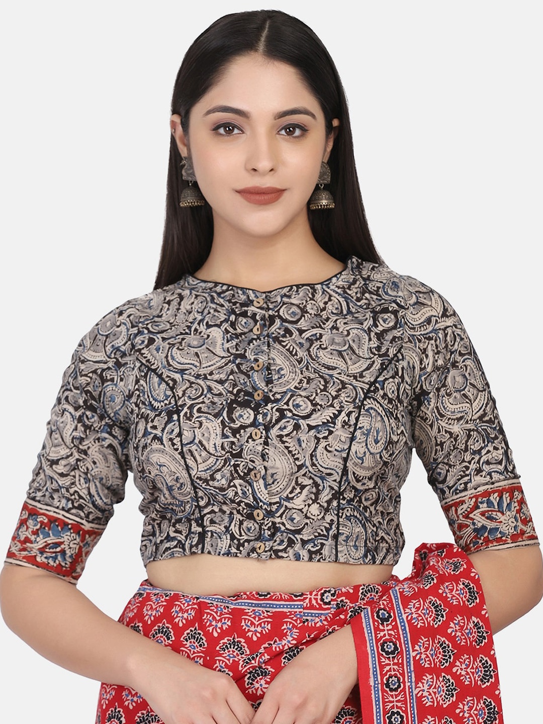 

THE WEAVE TRAVELLER Black & Grey Kalamkari Block Printed Cotton Ready To Wear Saree Blouse