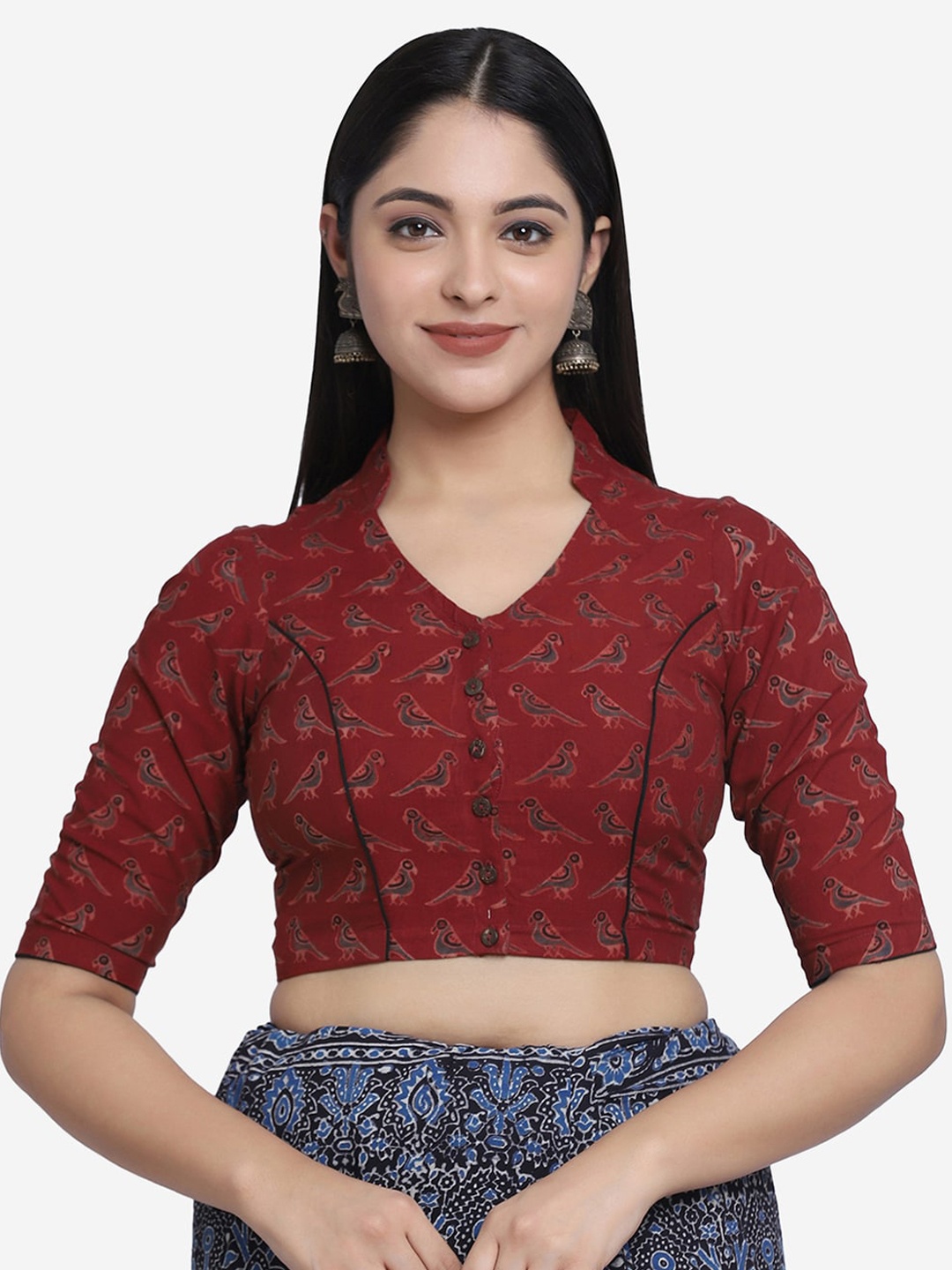 

THE WEAVE TRAVELLER Women Maroon & Black Ajrakh Block Printed Cotton Saree Blouse