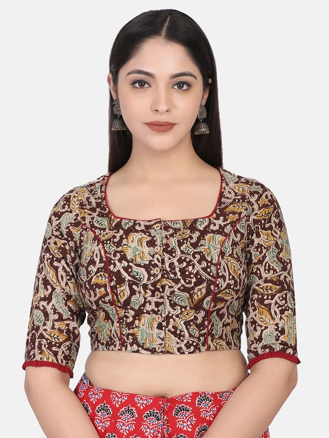 

THE WEAVE TRAVELLER Maroon & Beige Kalamkari Block Printed Cotton Saree Blouse
