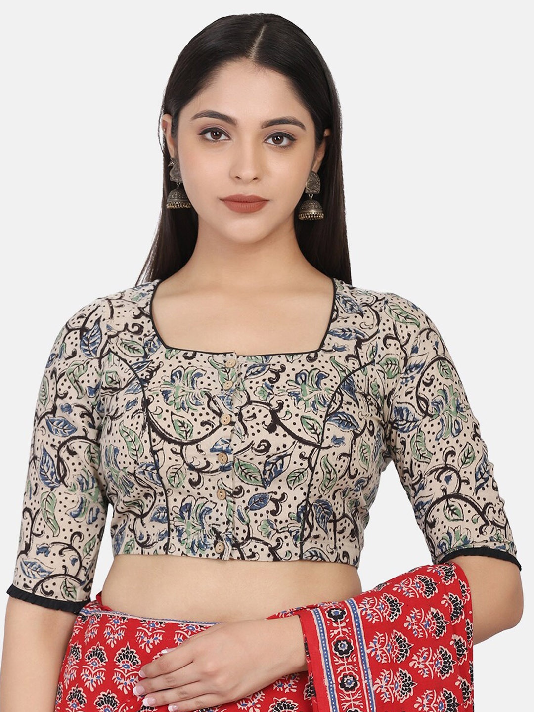 

THE WEAVE TRAVELLER Beige & Black Kalamkari Block Printed Cotton Ready To Wear Saree Blouse