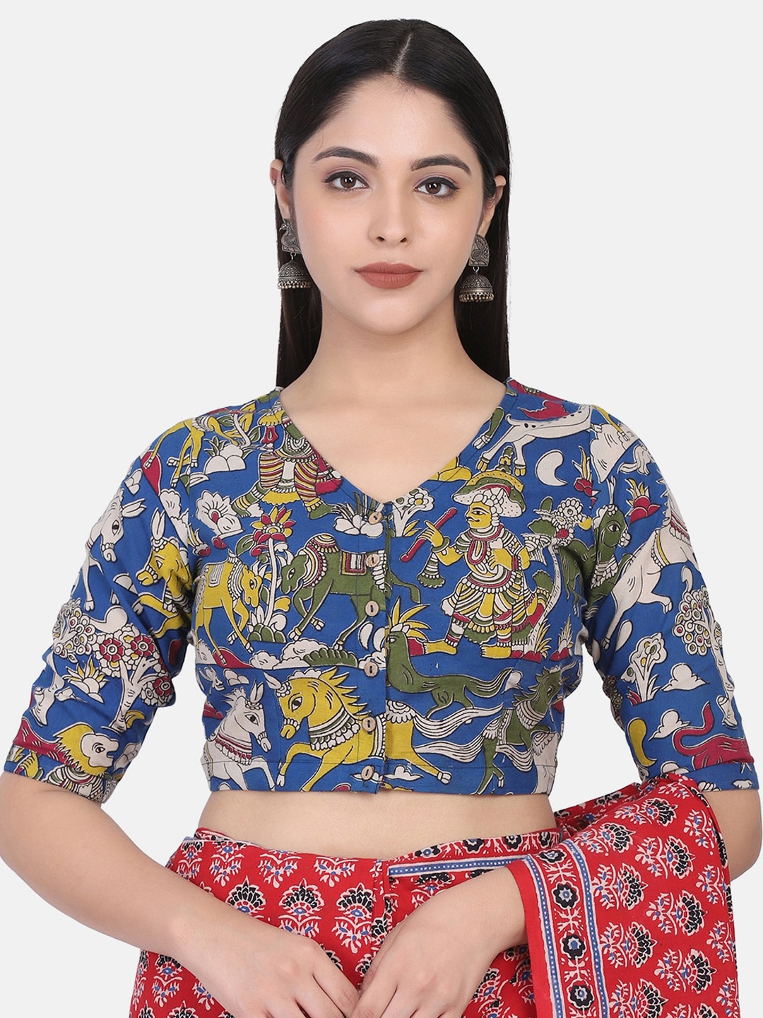 

THE WEAVE TRAVELLER Women Blue & Yellow Kalamkari Block Printed Cotton Saree Blouse