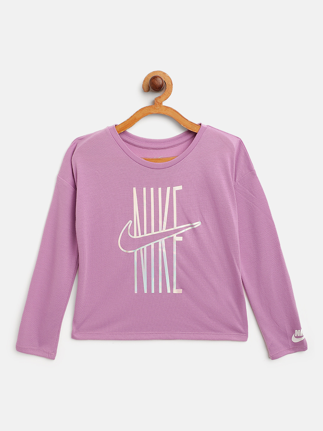 

Nike Girls Violet Iridescent Futura Logo Printed Boxy T-Shirt