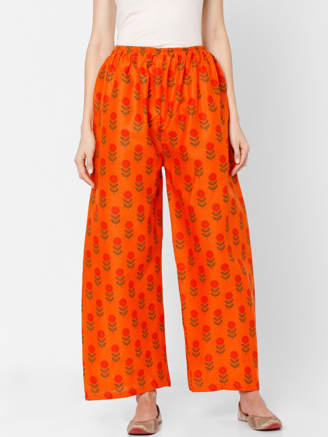 

SALWAR STUDIO Women Orange & Pink Floral Printed Pure Cotton Knitted Ethnic Palazzos