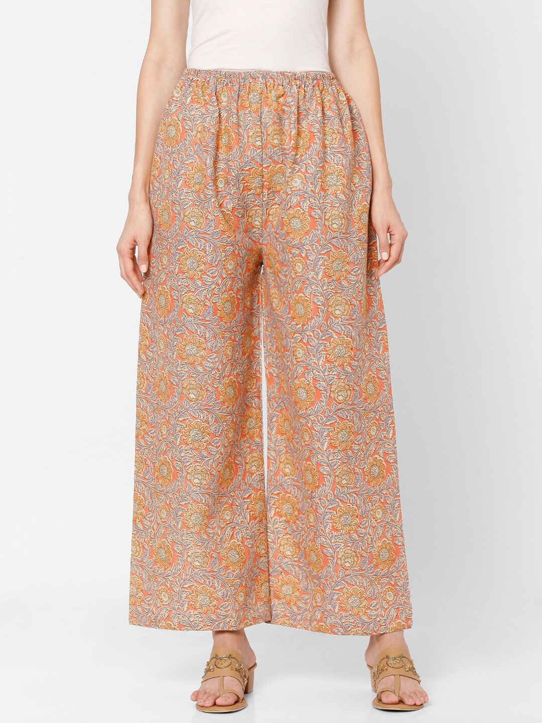 

SALWAR STUDIO Women Orange & Grey Floral Printed Knitted Pure Cotton Ethnic Palazzos