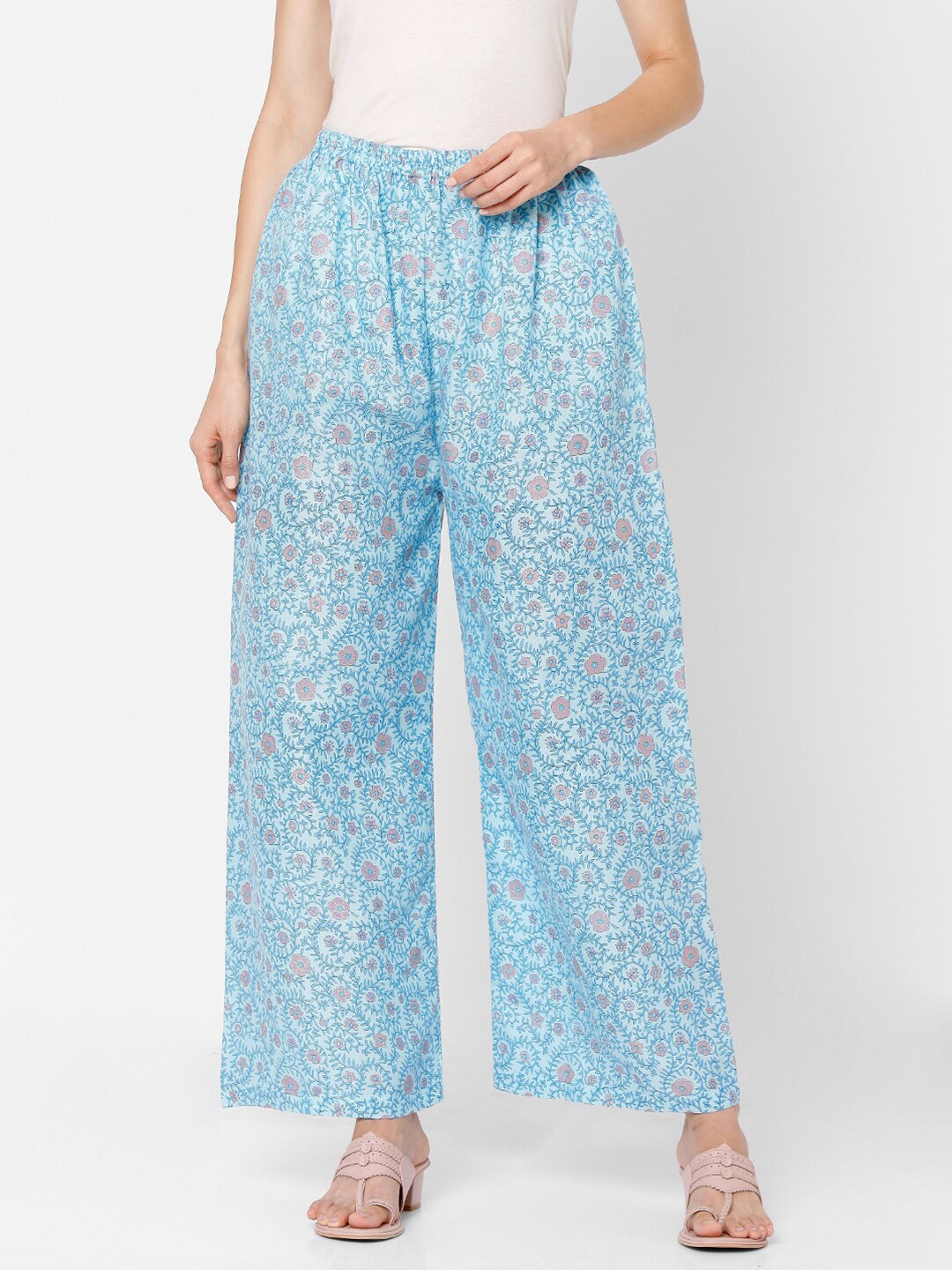 

SALWAR STUDIO Women Blue & Pink Floral Printed Pure Cotton Knitted Ethnic Palazzos