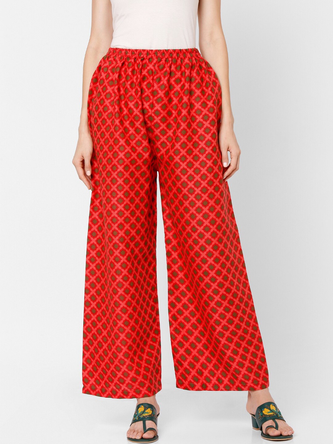 

SALWAR STUDIO Women Red & Green Printed Pure Cotton Knitted Palazzos