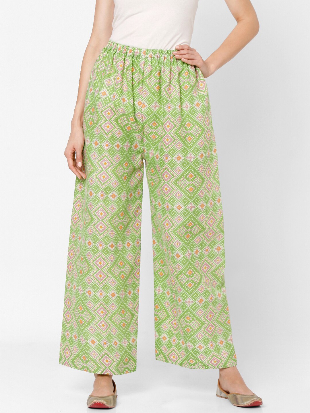 

SALWAR STUDIO Women Green & Pink Ethnic Motifs Printed Pure Cotton Ethnic Palazzos