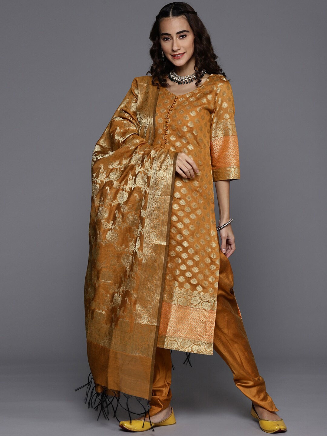 

Chhabra 555 Mustard & Gold-Toned Unstitched Dress Material