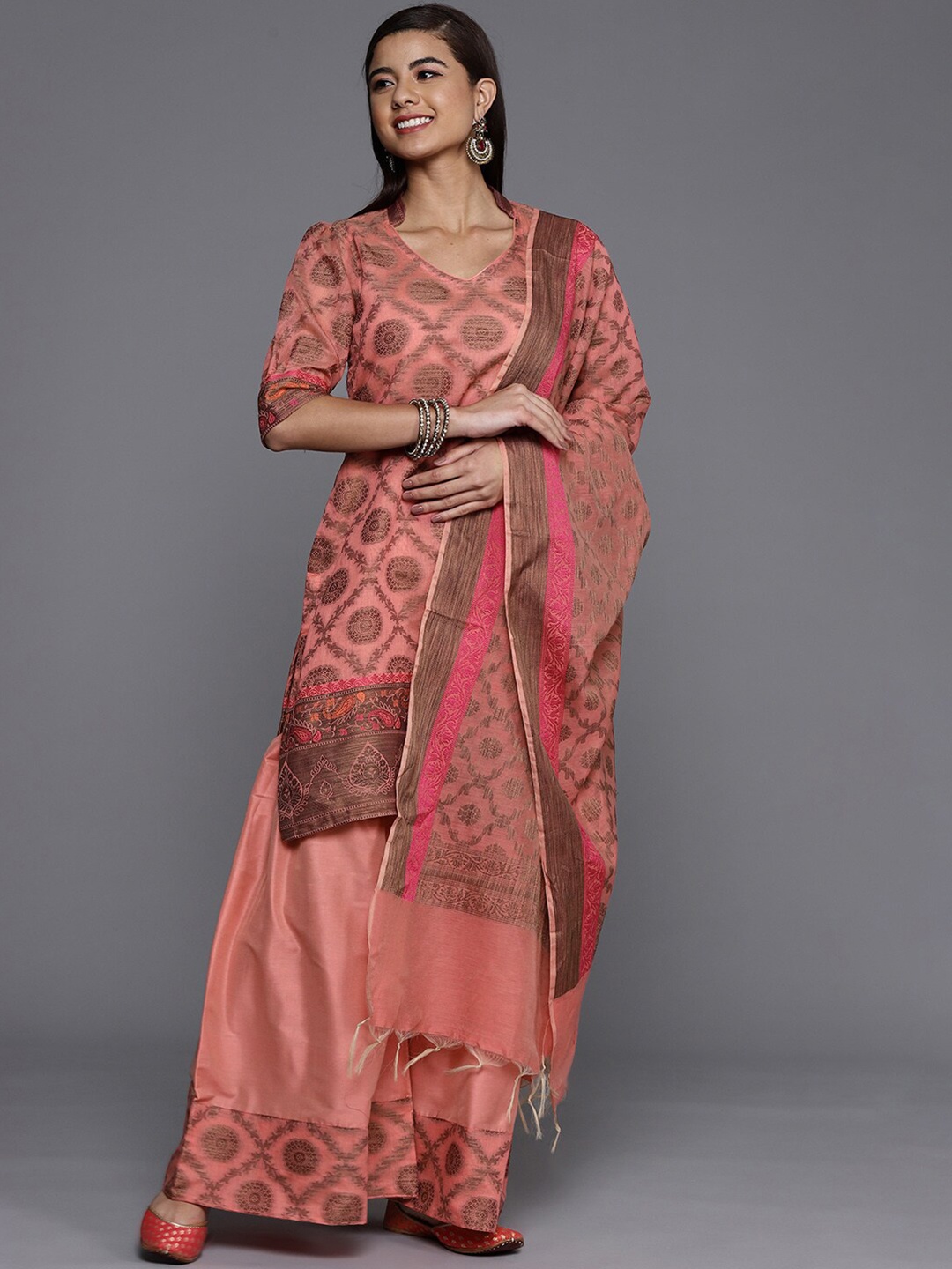 

Chhabra 555 Peach-Coloured & Brown Unstitched Dress Material