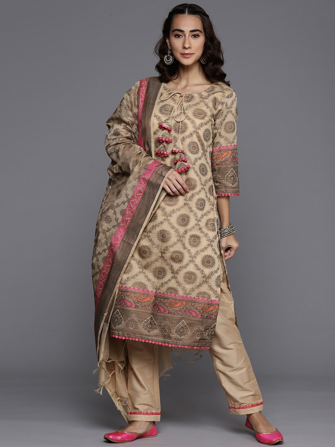 

Chhabra 555 Beige & Brown Banarasi Weaving Unstitched Dress Material
