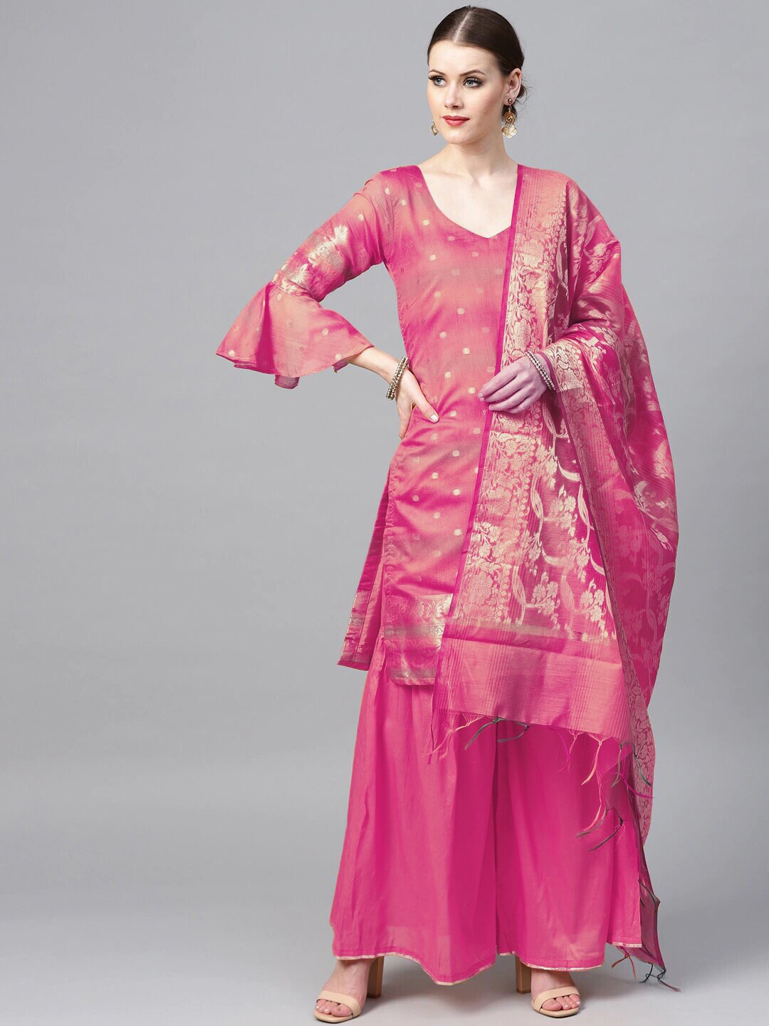 

Chhabra 555 Pink & Gold-Toned Unstitched Dress Material