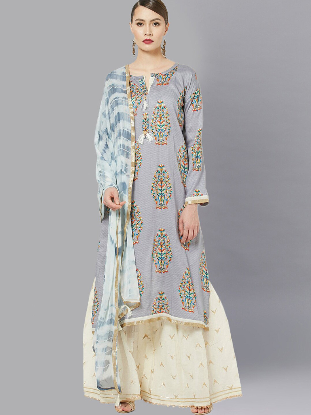 

Chhabra 555 Grey & Off White Embellished Semi-Stitched Dress Material