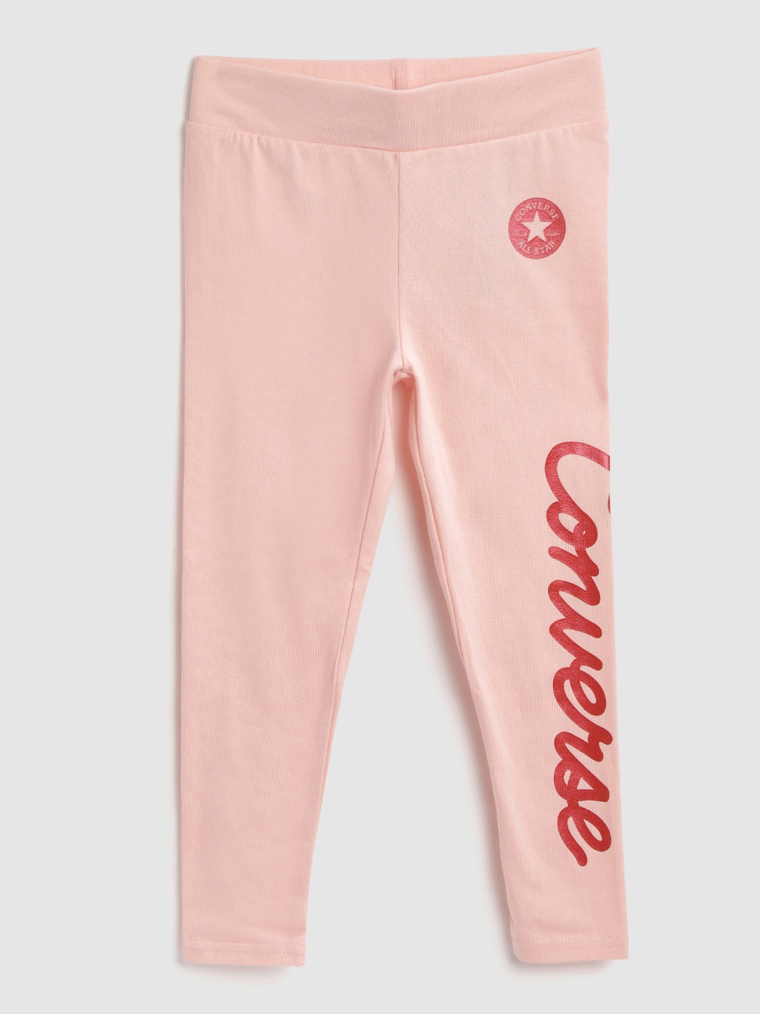 

Converse Girls Peach-Coloured & Red Brand Logo Metallic Ink Print Ankle-Length Leggings