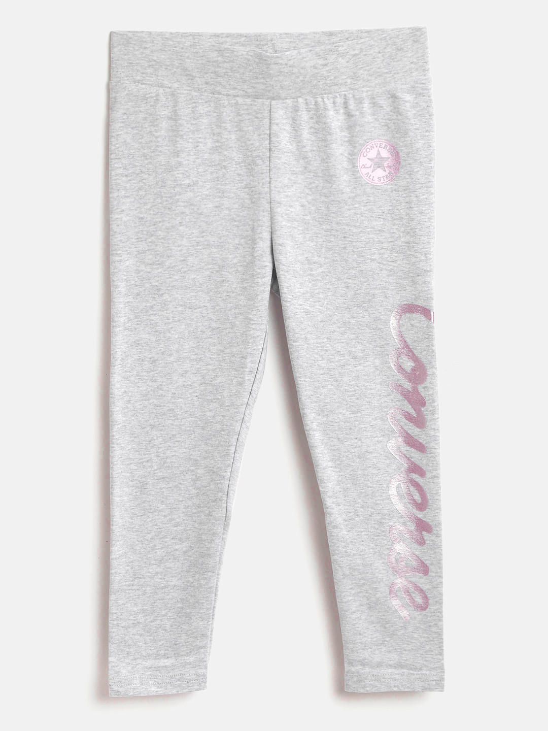 

Converse Girls Grey Melange & Pink Brand Logo Metallic Ink Print Ankle-Length Leggings