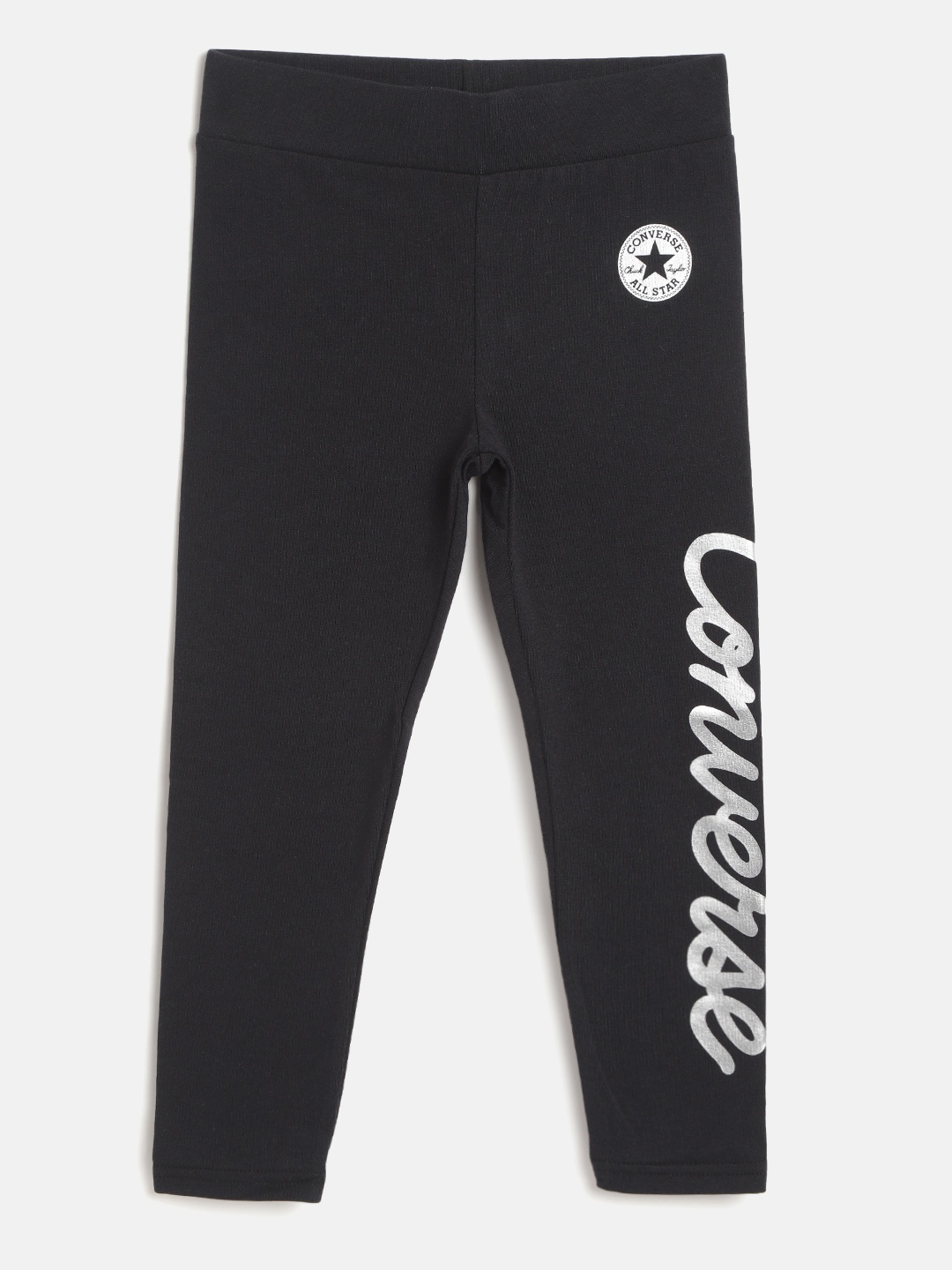 

Converse Girls Black & Silver Brand Logo Metallic Ink Print Ankle-Length Leggings