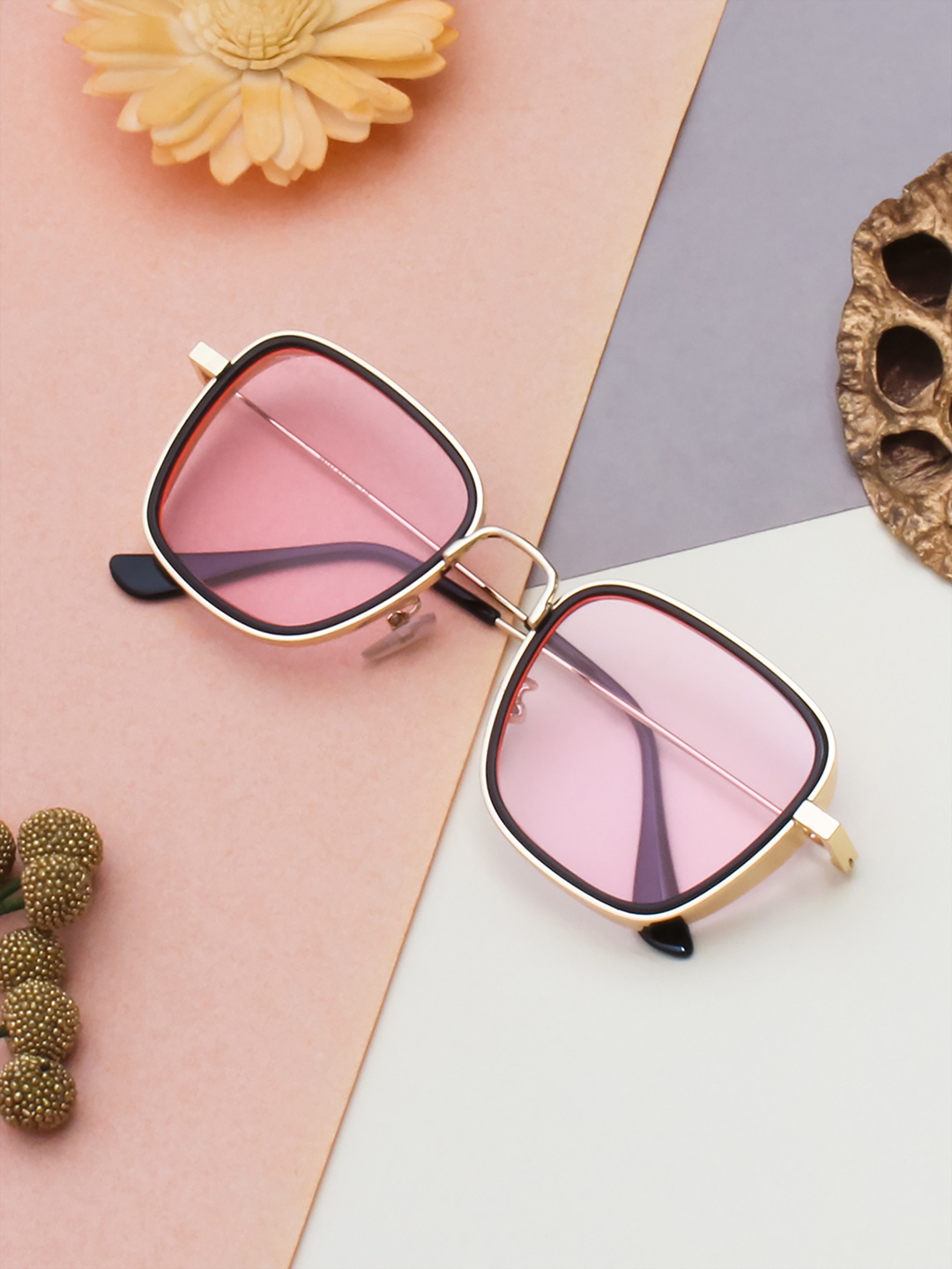 

Ted Smith Unisex Pink Lens & Gold-Toned Square Sunglasses with UV Protected Lens MOKSHA_C1