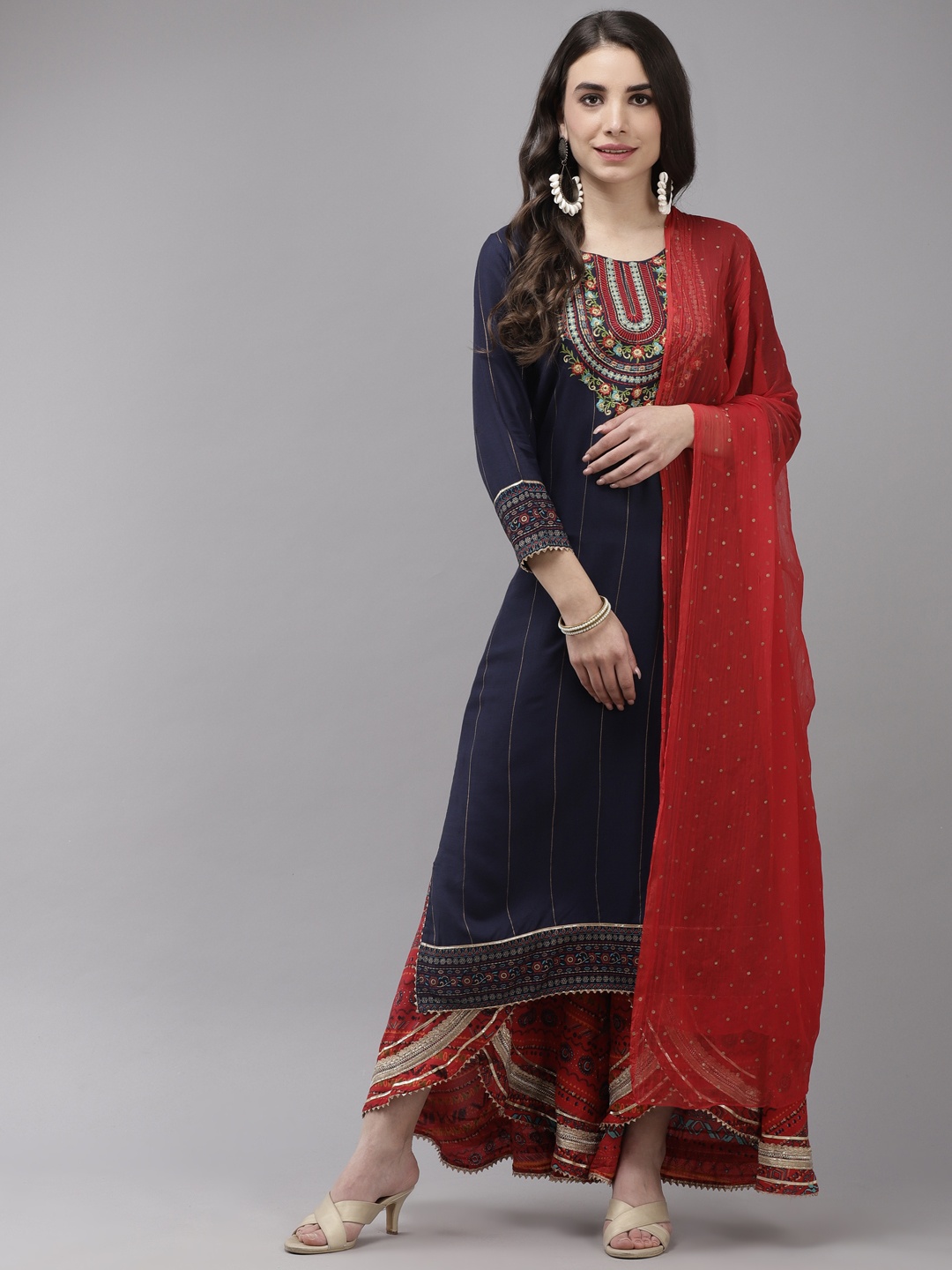 

Indo Era Women Navy Blue Floral Embroidered Regular Kurta with Sharara & With Dupatta