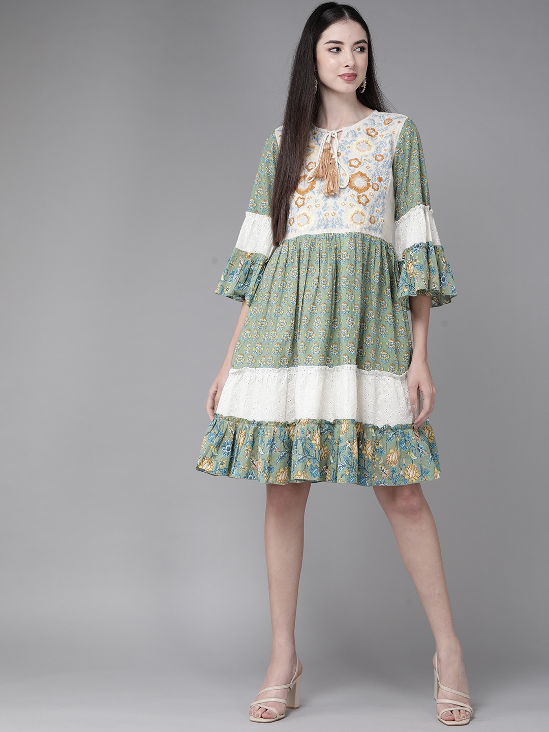 

Indo Era Green & White Floral Embroidered Tie-Up Neck A-Line Dress
