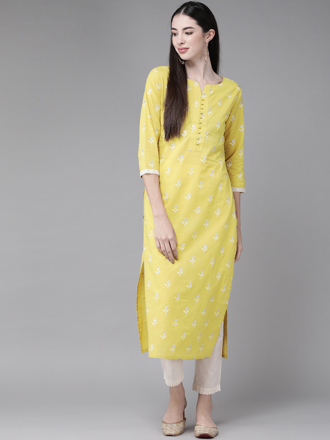 

Indo Era Women Yellow Floral Foil Print Straight Kurta