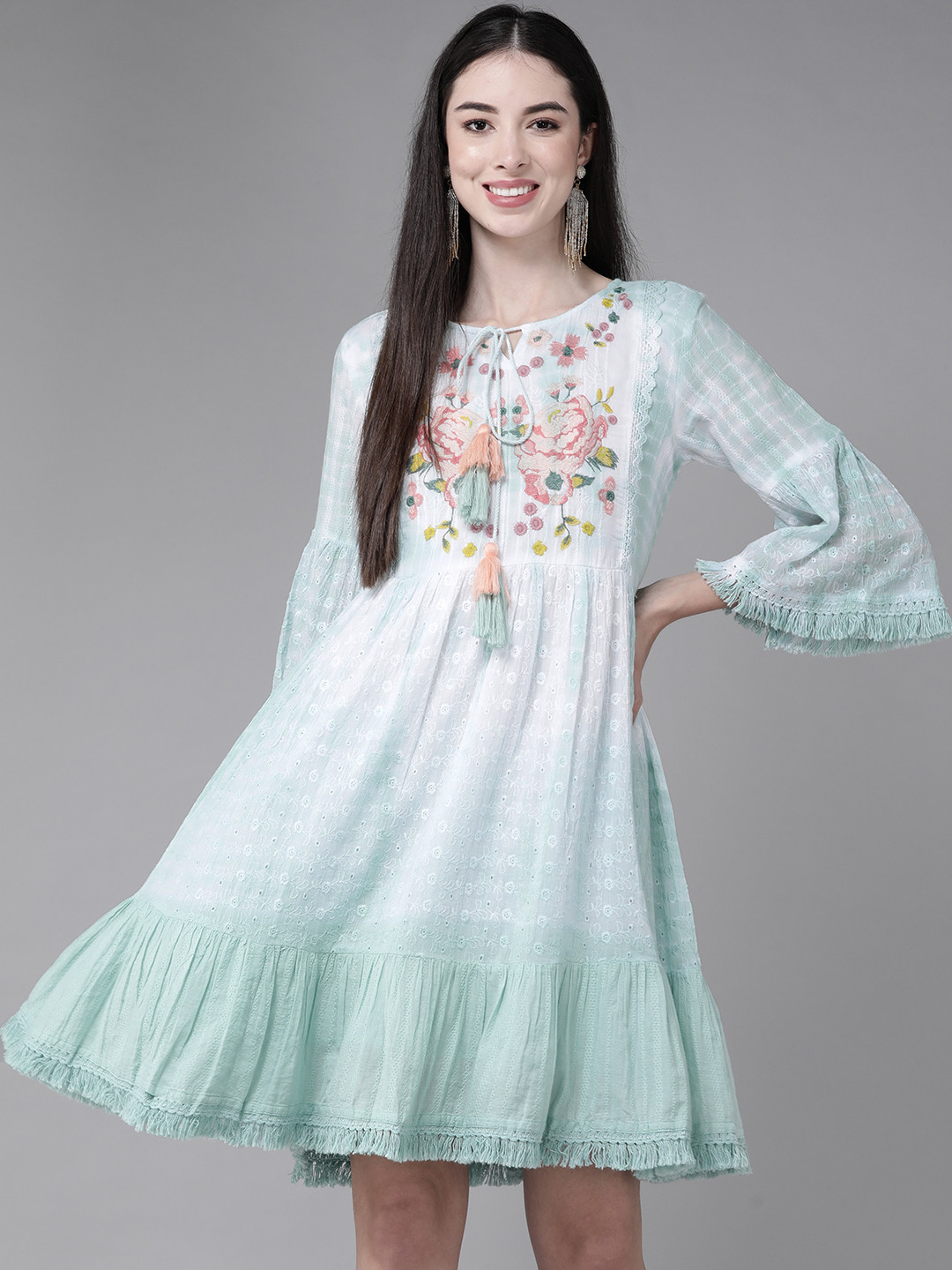 

Indo Era Blue & White Floral Embroidered Tie-Up Neck Tie-Dye Flared Dress
