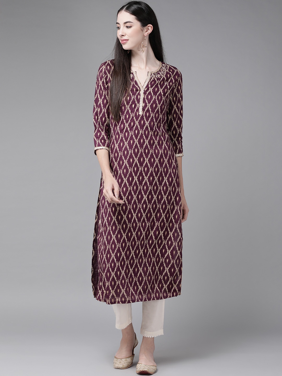 

Indo Era Women Maroon Ethnic Motifs Printed Straight Kurta