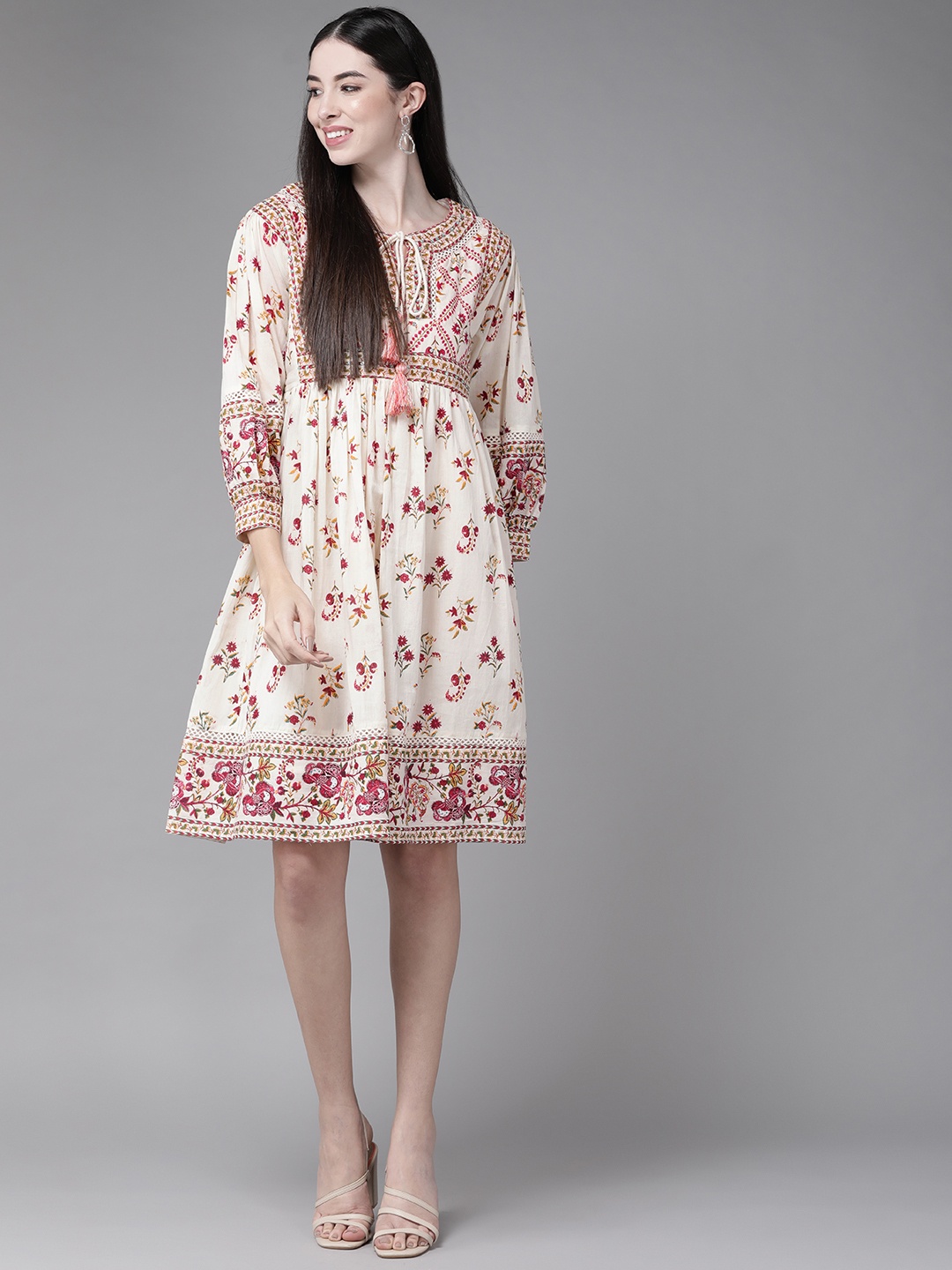 

Indo Era White & Pink Floral Tie-Up Neck Sequined A-Line Dress