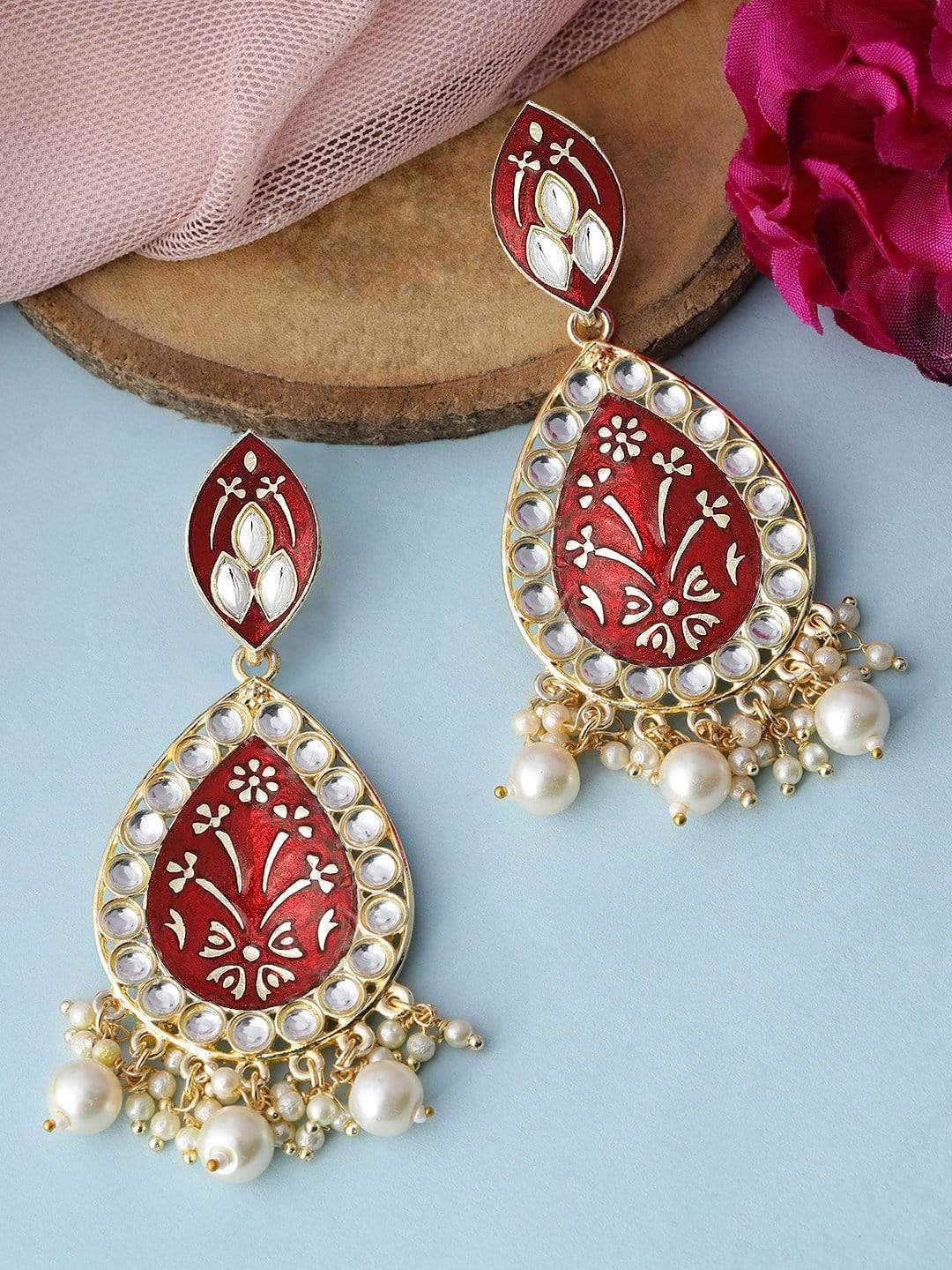 

Anouk Gold-Toned & Pink Leaf Shaped Kundan Studded Handcrafted Drop Earrings