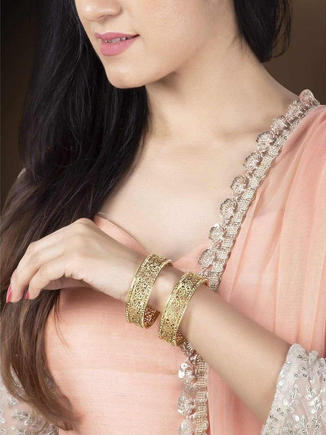 

Anouk Set Of 2 Gold-Toned & Beige CZ-Studded Handcrafted Filigree Bangles