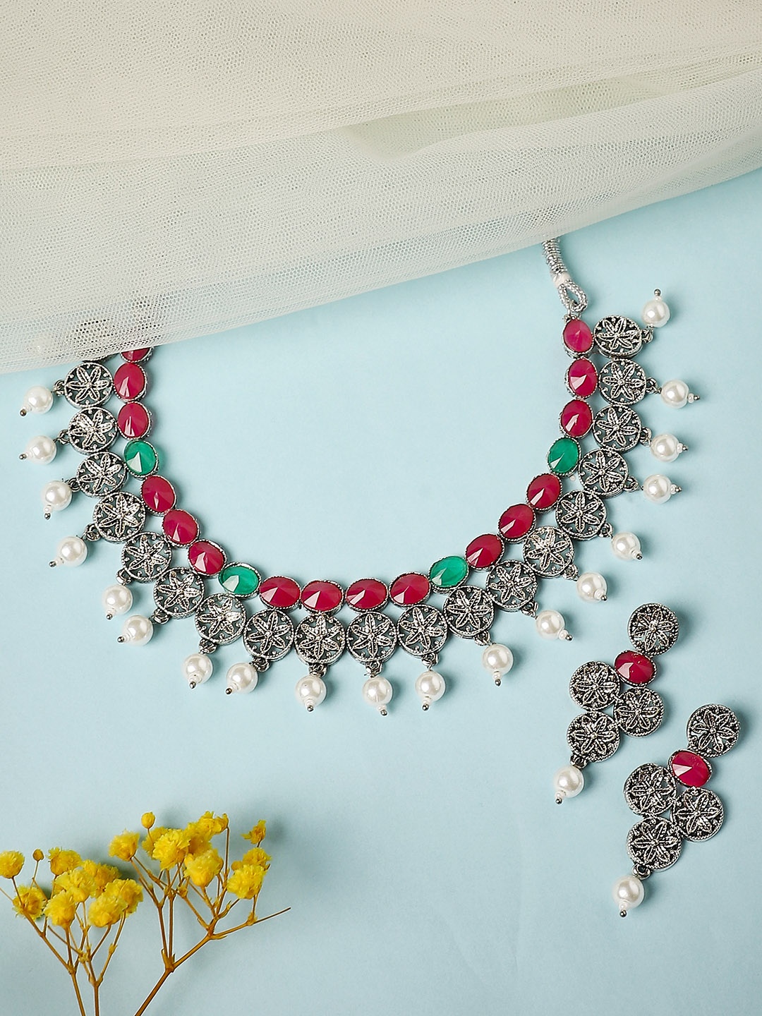 

Anouk Silver-Plated Stone Studded & Beaded Oxidised Jewellery Set