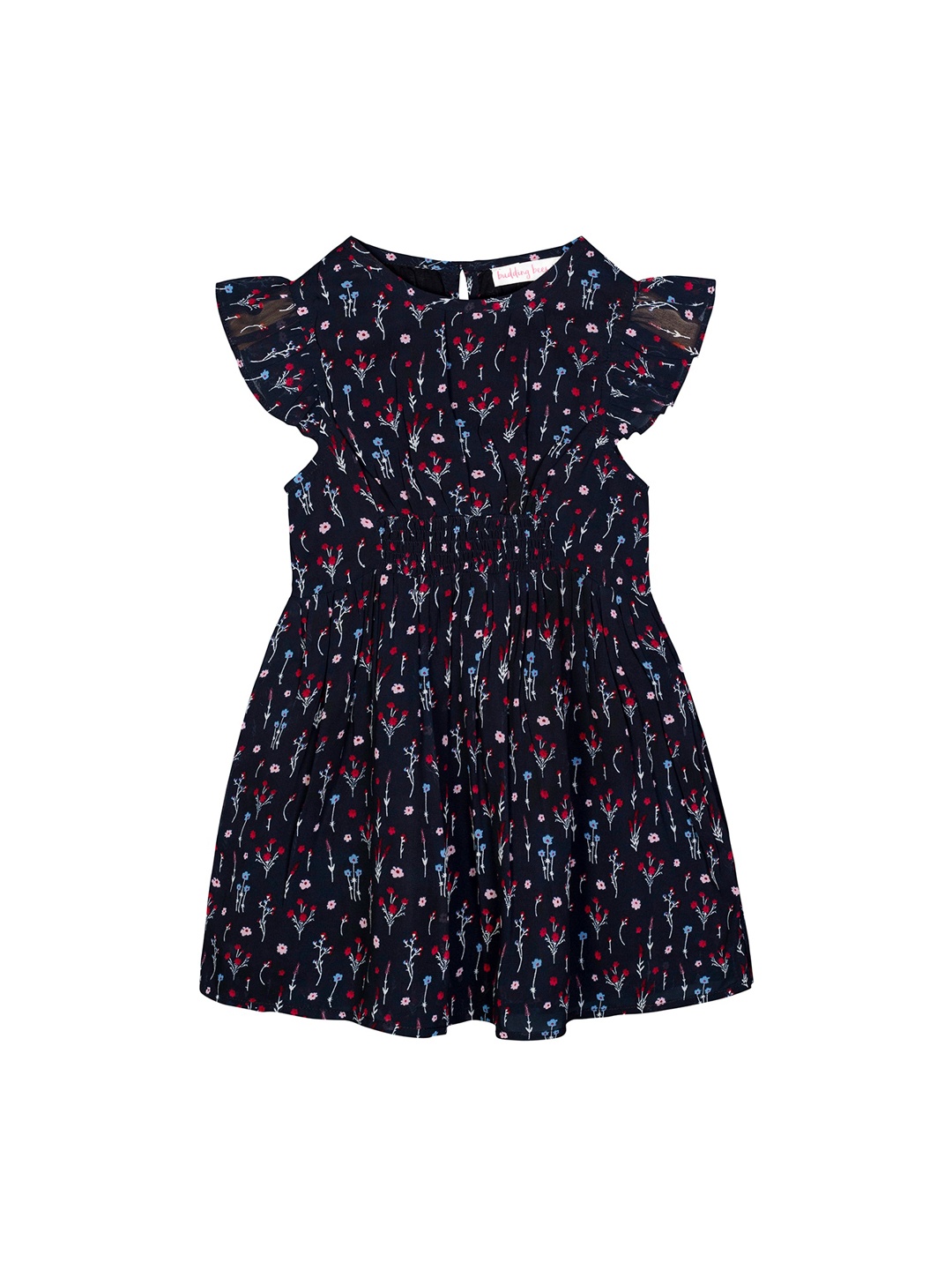 

Budding Bees Black & Red Floral Georgette A-Line Dress