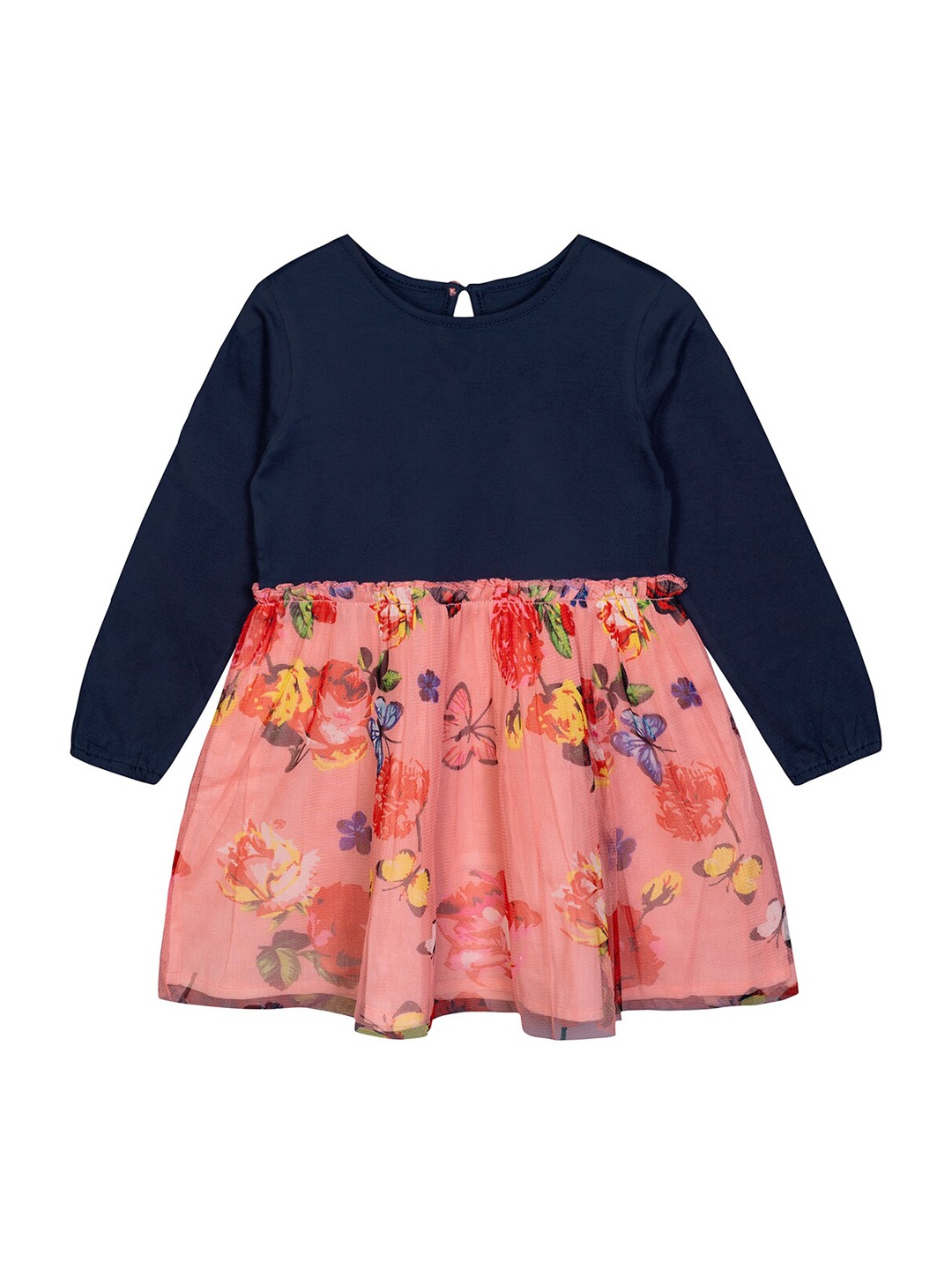 

Budding Bees Navy Blue & Pink Floral A-Line Dress