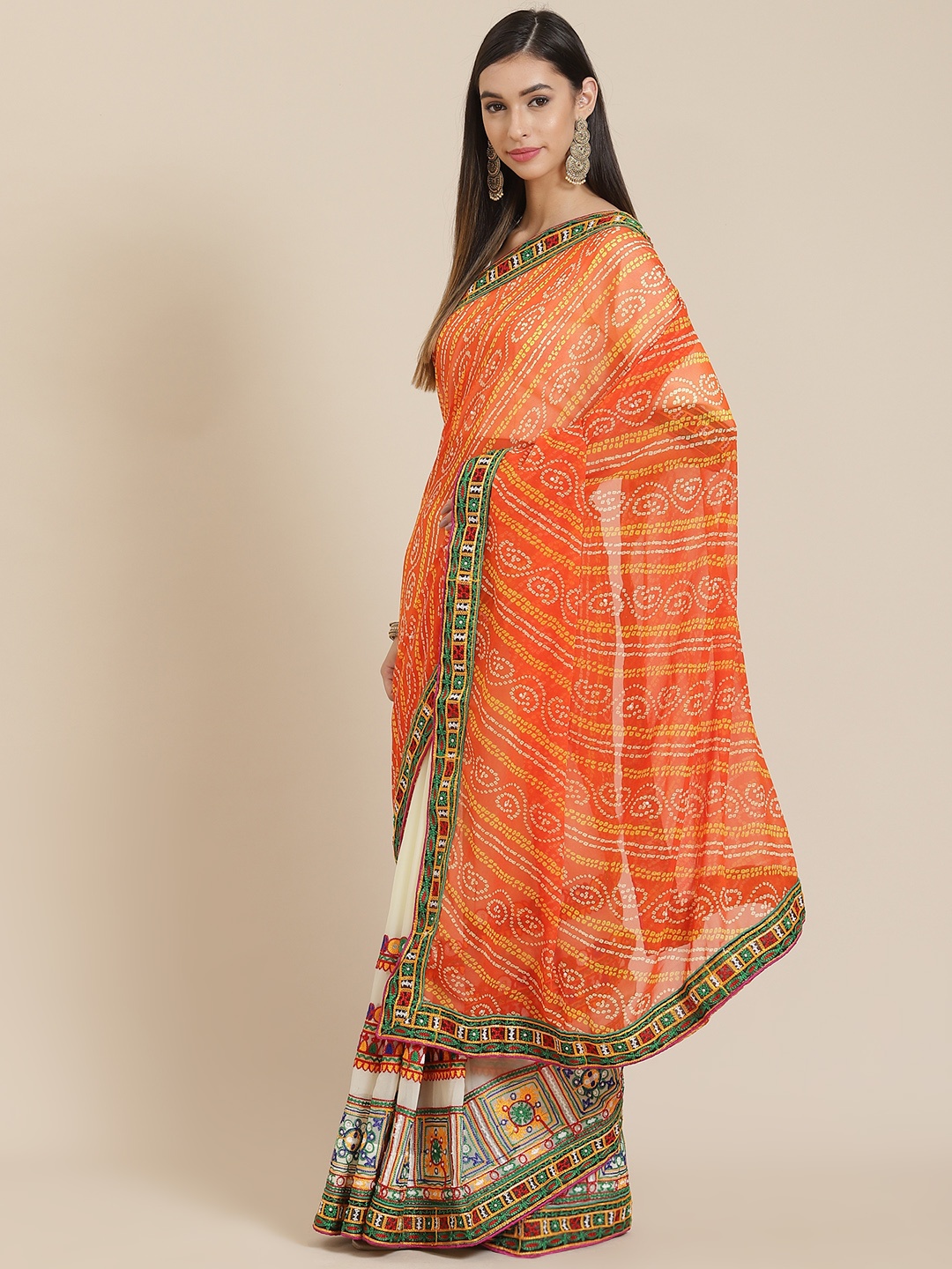 

Readiprint Fashions Orange & Off-White Embellished Half and Half Bandhani Saree