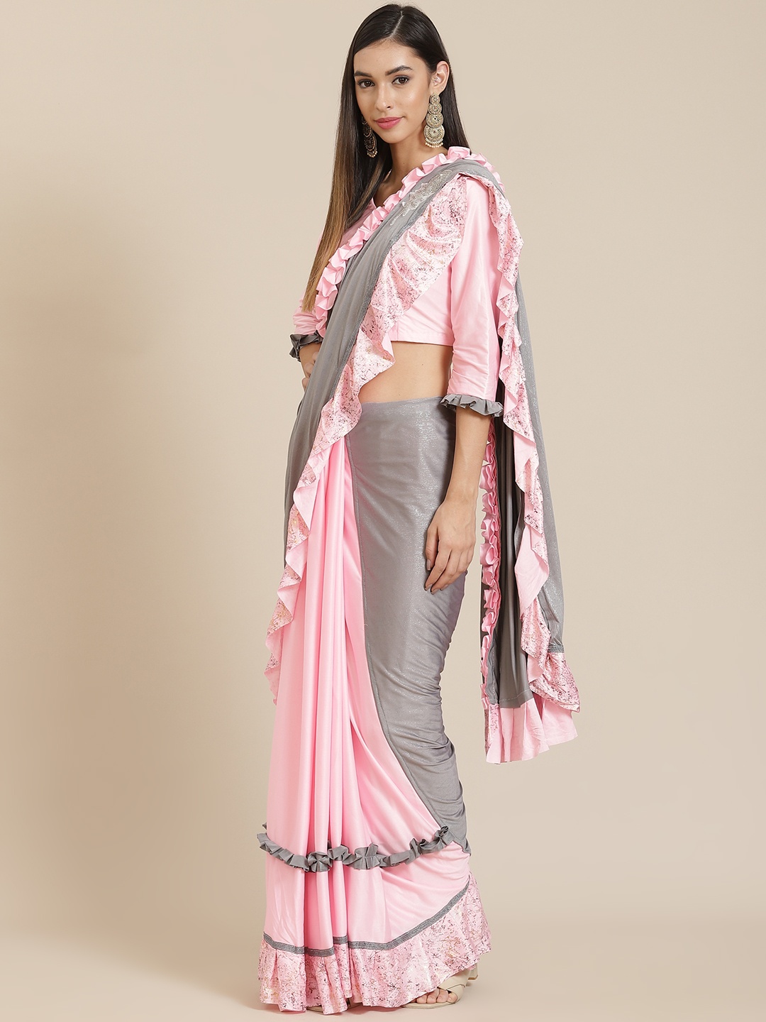 

Readiprint Fashions Pink & Grey Ruffles Party Lycra Saree