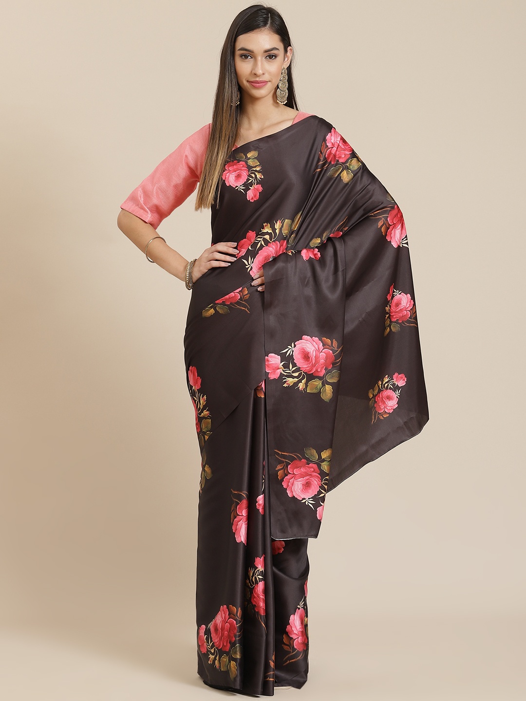 

Readiprint Fashions Black & Pink Floral Satin Bagh Saree