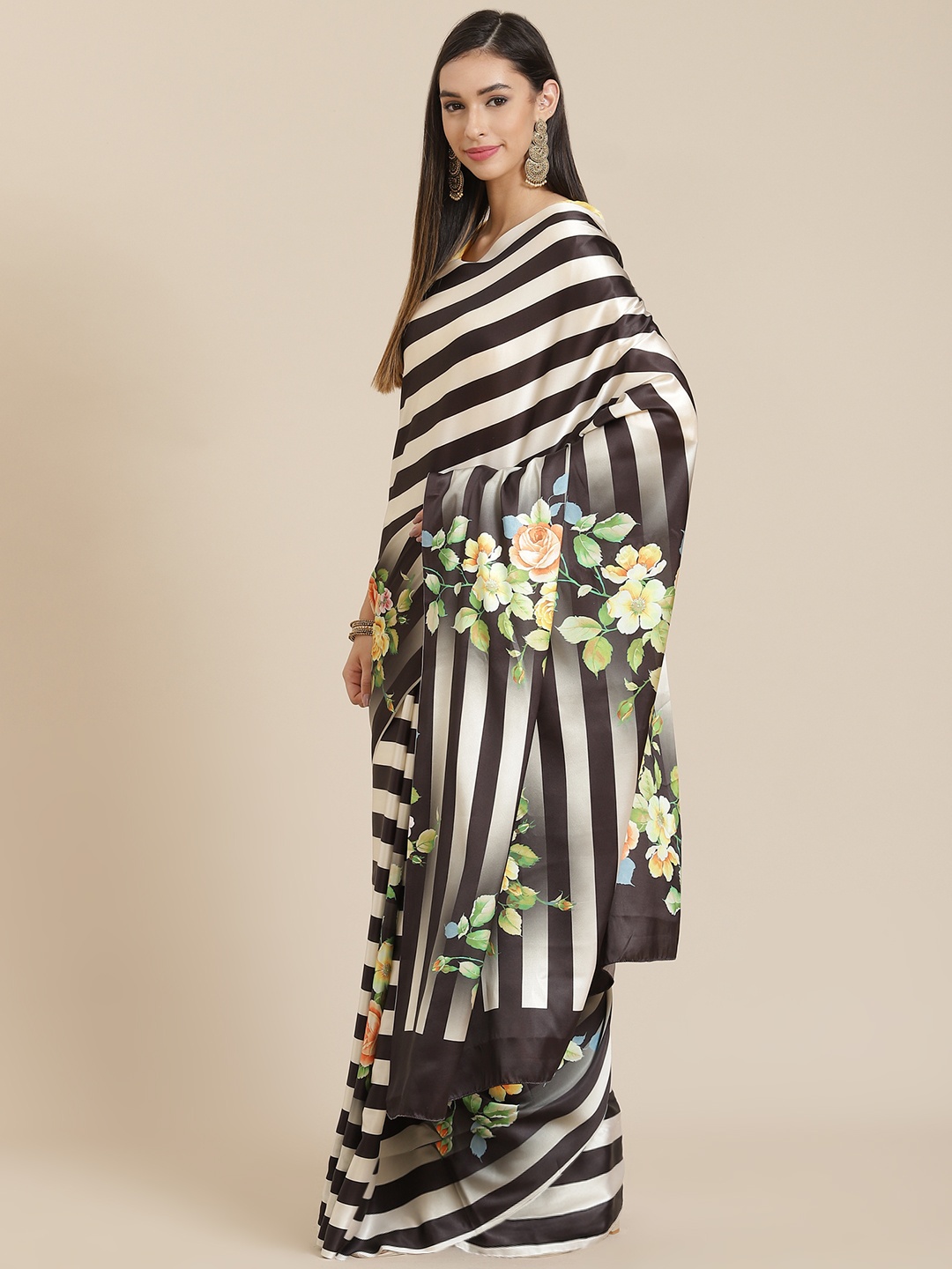 

Readiprint Fashions Black & White Striped with Floral Prints Satin Silk Bagh Saree