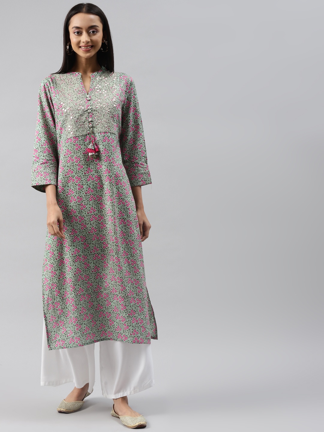

Readiprint Fashions Women Green & Pink Floral Yoke Design Floral Kurta