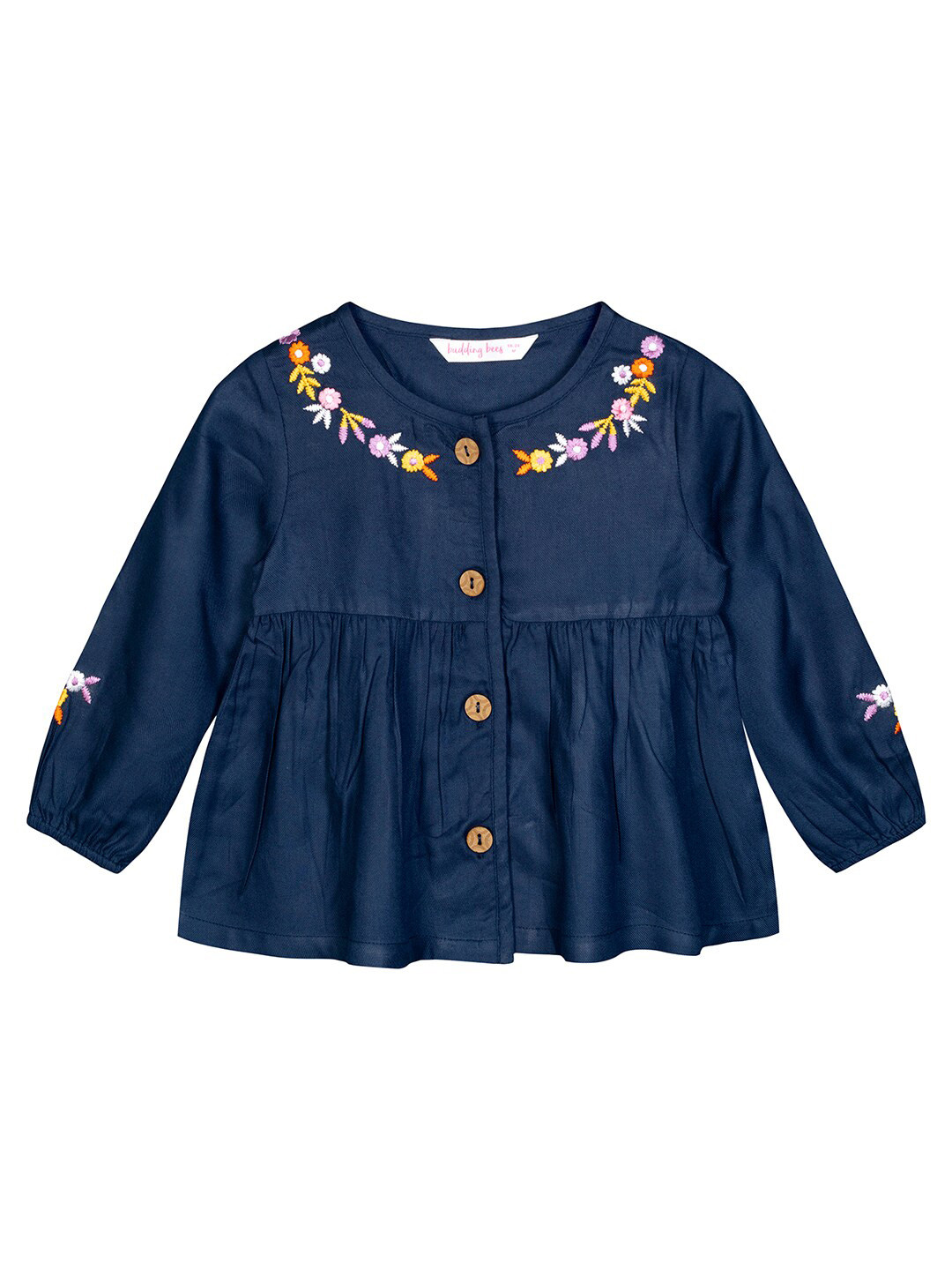 

Budding Bees Navy Blue & Yellow Floral Embroidered A-Line Top