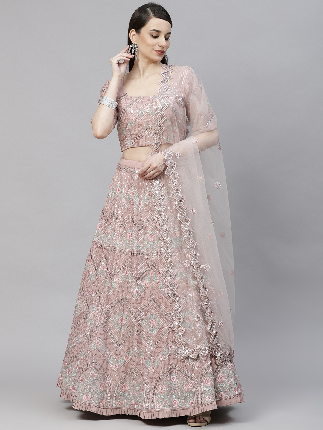 

SHUBHKALA Pink & Embroidered Sequinned Semi-Stitched Lehenga & Unstitched Blouse With Dupatta