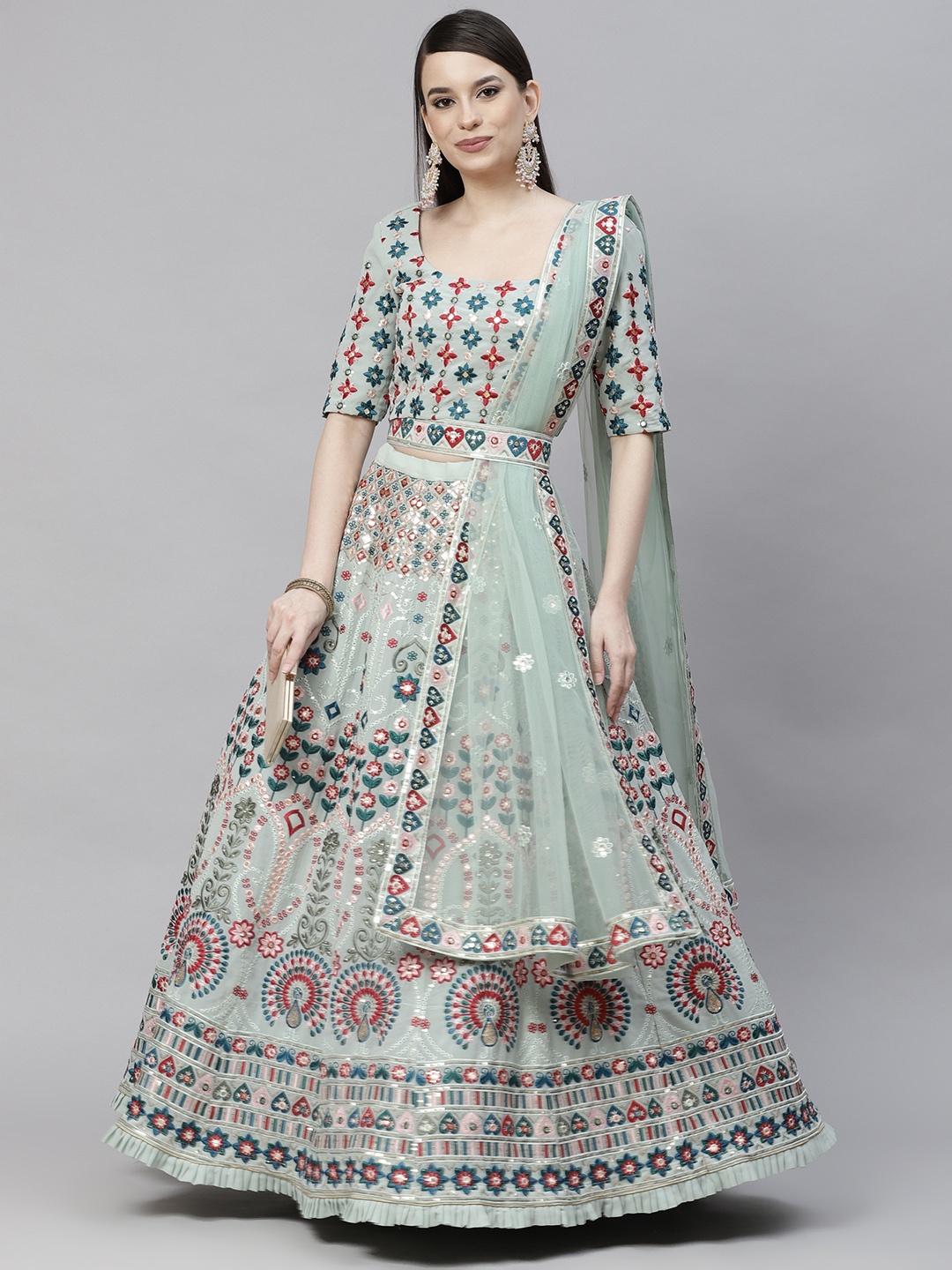 

SHUBHKALA Sea Green & Embroidered Thread Work Semi-Stitched Lehenga & Unstitched Blouse With Dupatta