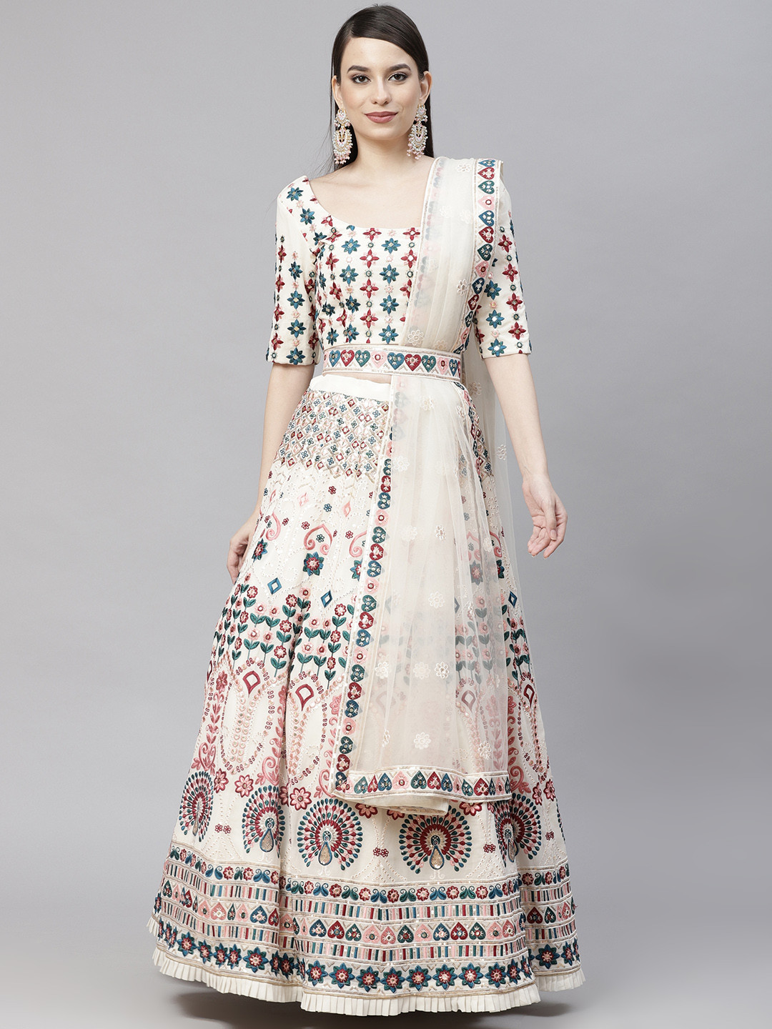 

SHUBHKALA Beige Embroidered Sequinned Semi-Stitched Lehenga & Unstitched Blouse With Dupatta