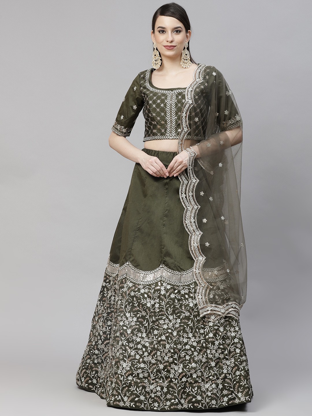 

SHUBHKALA Olive Green & Embroidered Sequinned Semi-Stitched Lehenga & Unstitched Blouse With Dupatta