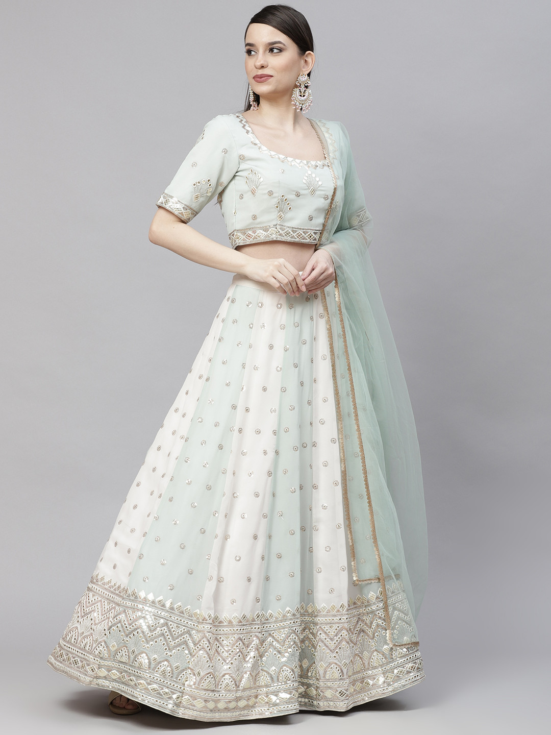 

SHUBHKALA Green & Gold-Toned Embroidered Sequinned Semi-Stitched Lehenga & Unstitched Blouse With Dupatta