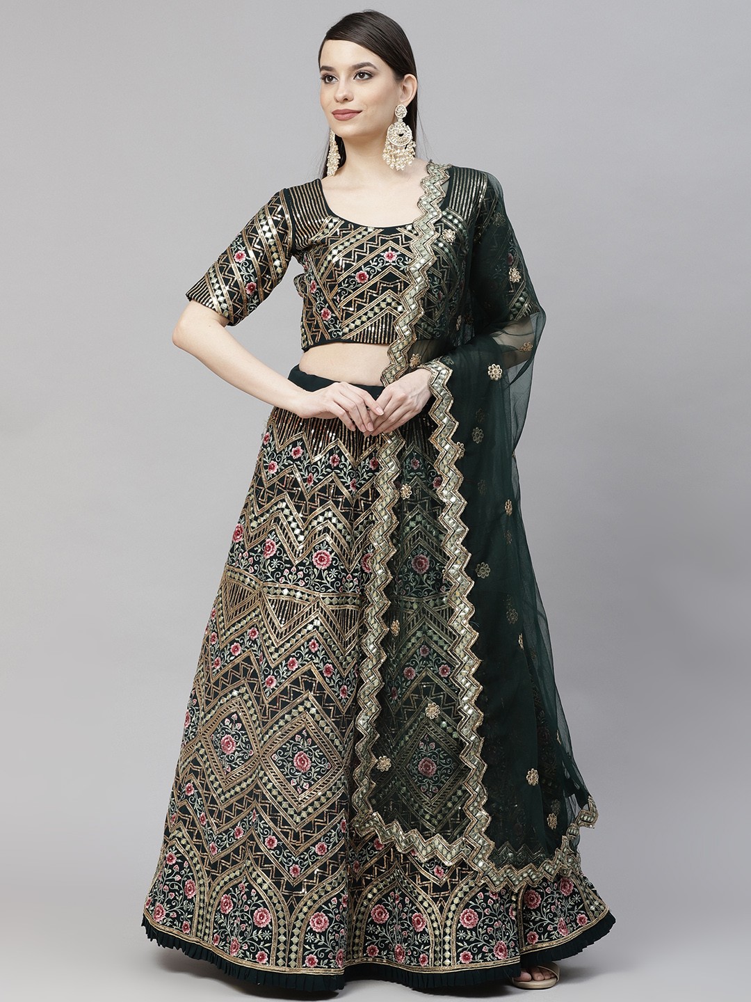 

SHUBHKALA Green Embroidered Sequinned Semi-Stitched Lehenga & Unstitched Blouse With Dupatta