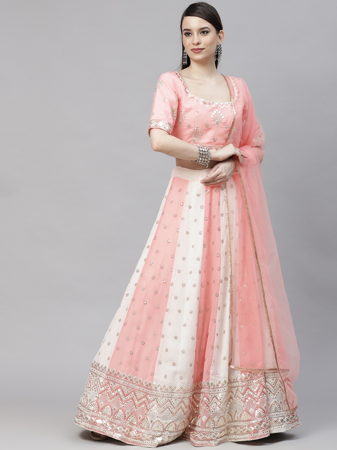 

SHUBHKALA Pink & White Embroidered Sequinned Semi-Stitched Lehenga & Unstitched Blouse With Dupatta