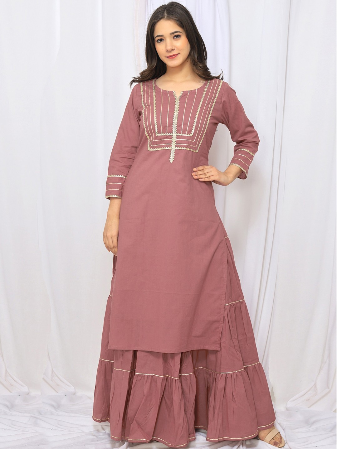 

PNEHA Women Pink Regular Gotta Patti Pure Cotton Kurta with Skirt & Dupatta