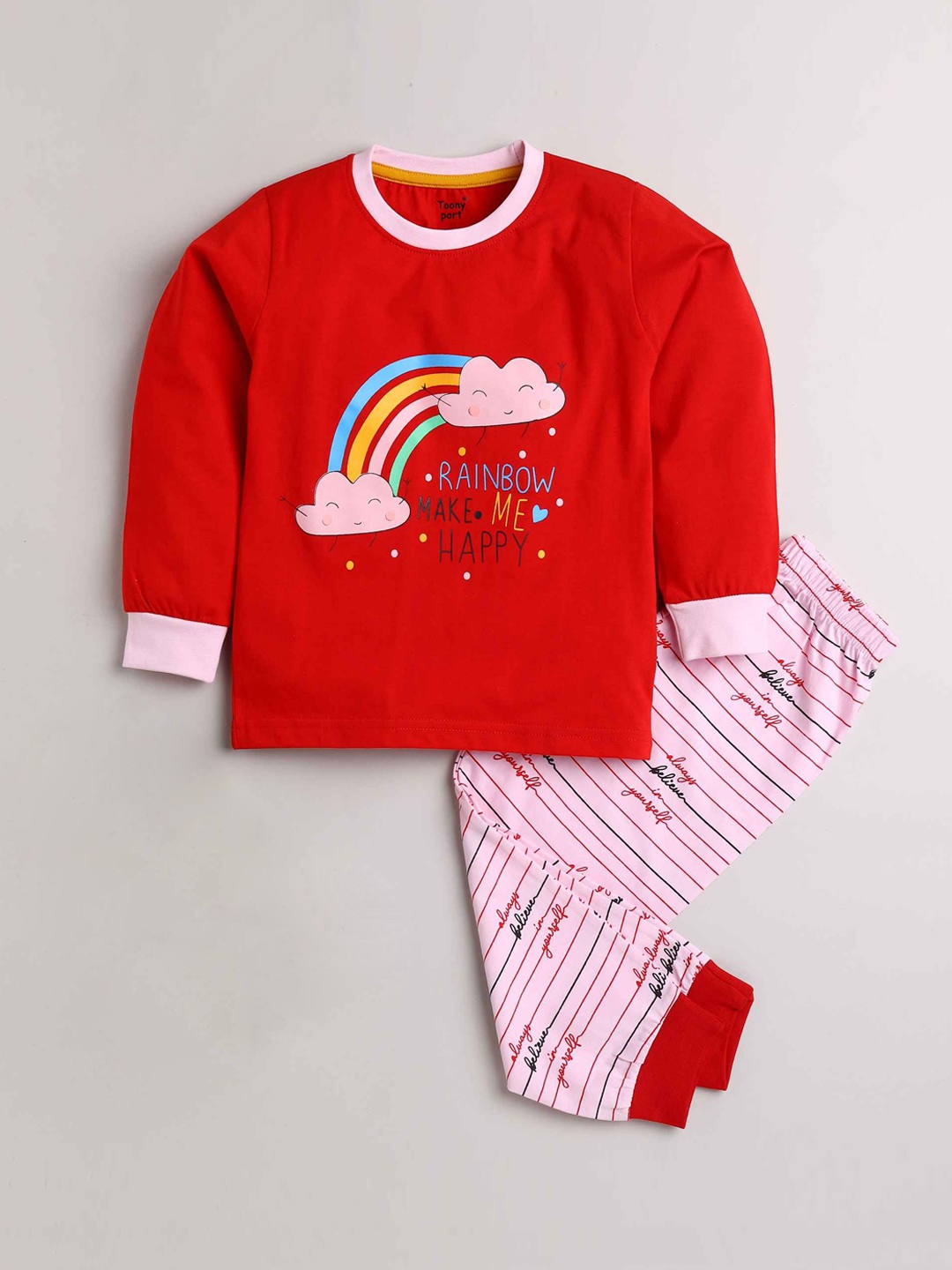 

Toonyport Girls Red & Pink Printed Night suit