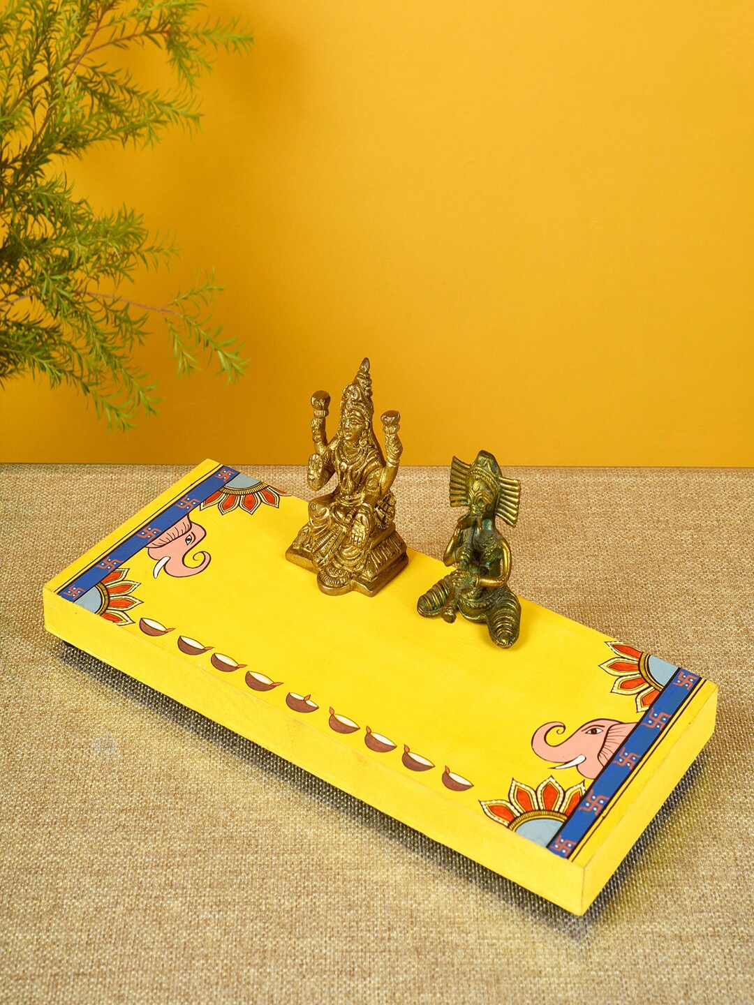 

AAKRITI ART CREATIONS Yellow & Blue Laxmi Ganesh Puja Chowki Shelf