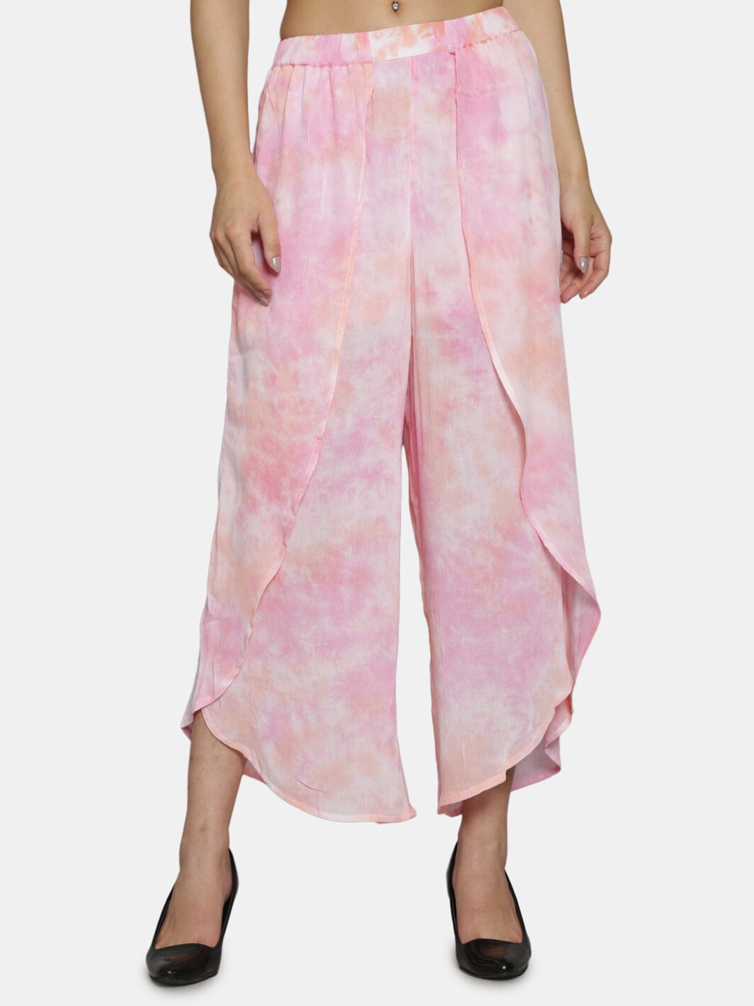 

IX IMPRESSION Women Pink & White Tie and Dye Printed Cropped Layered Palazzos