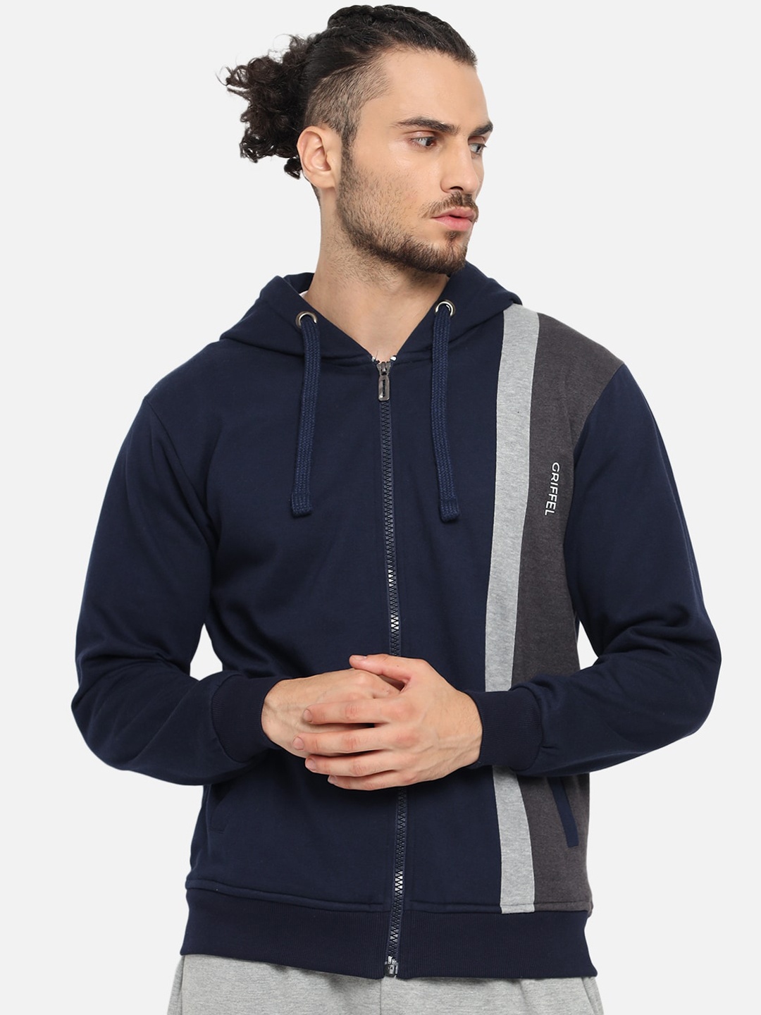 

GRIFFEL Men Navy Blue & Grey Colourblocked Front-Open Sweatshirt